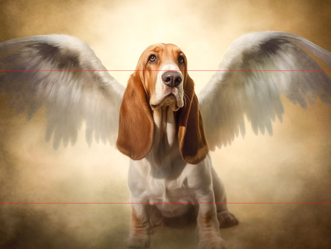 Basset Hound Angel with Wings, a sepia toned frontal pose of beautiful basset hound with large spread white feathered wings